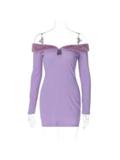 Fuzzy Trim Off Shoulder Fitted Mini Dress 15 Fuzzy Trim Off Shoulder Fitted Mini Dress -Define Your Shop P 20231201212034175 731