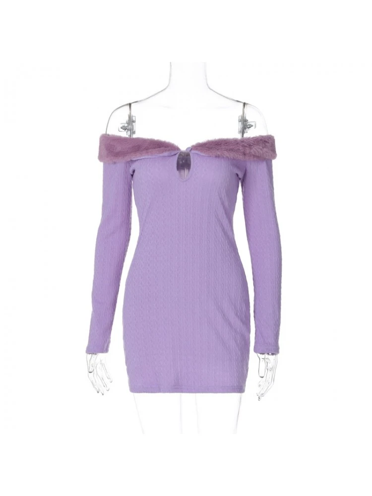 Fuzzy Trim Off Shoulder Fitted Mini Dress 8 Fuzzy Trim Off Shoulder Fitted Mini Dress - Image 6