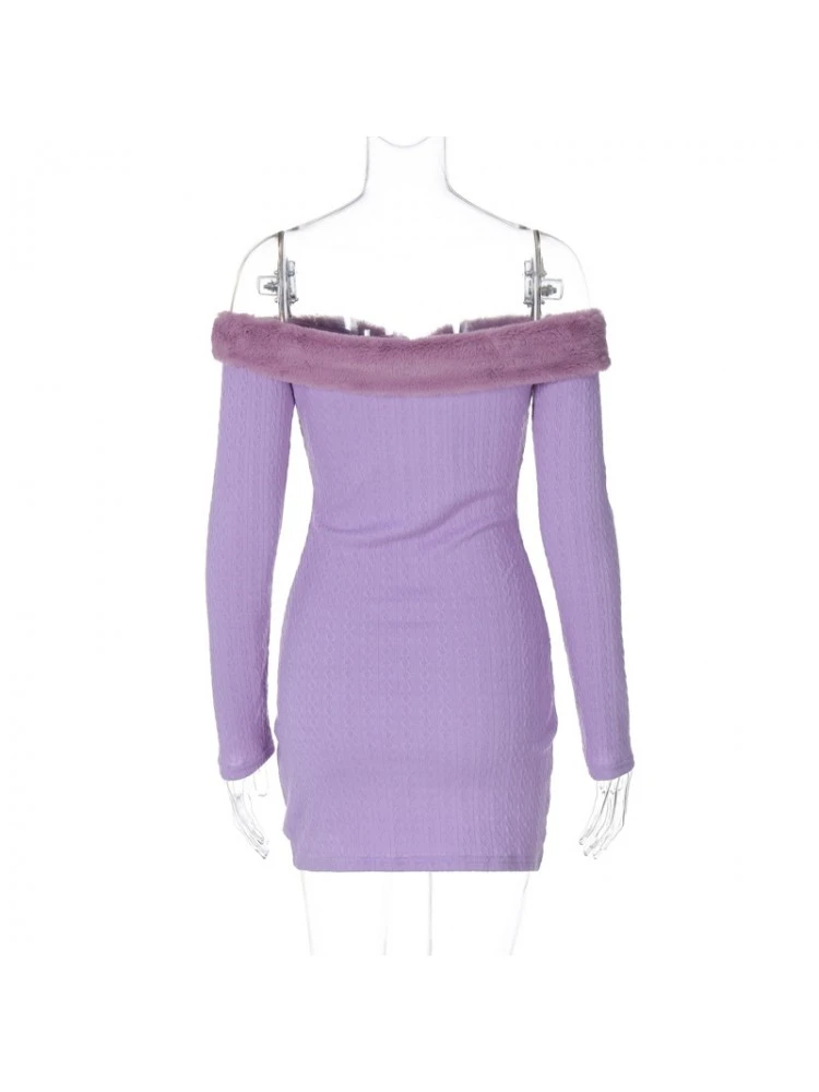 Fuzzy Trim Off Shoulder Fitted Mini Dress 10 Fuzzy Trim Off Shoulder Fitted Mini Dress - Image 8