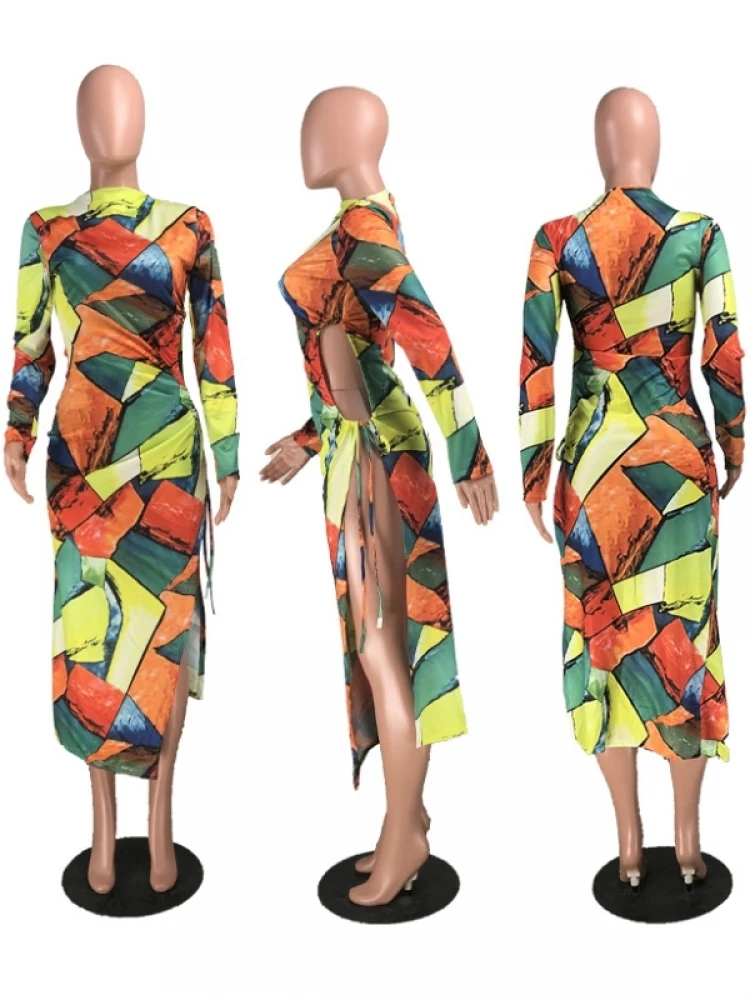 Colorblock Tie Dye Ruched Long Sleeves Dress 5 Colorblock Tie Dye Ruched Long Sleeves Dress - Image 3