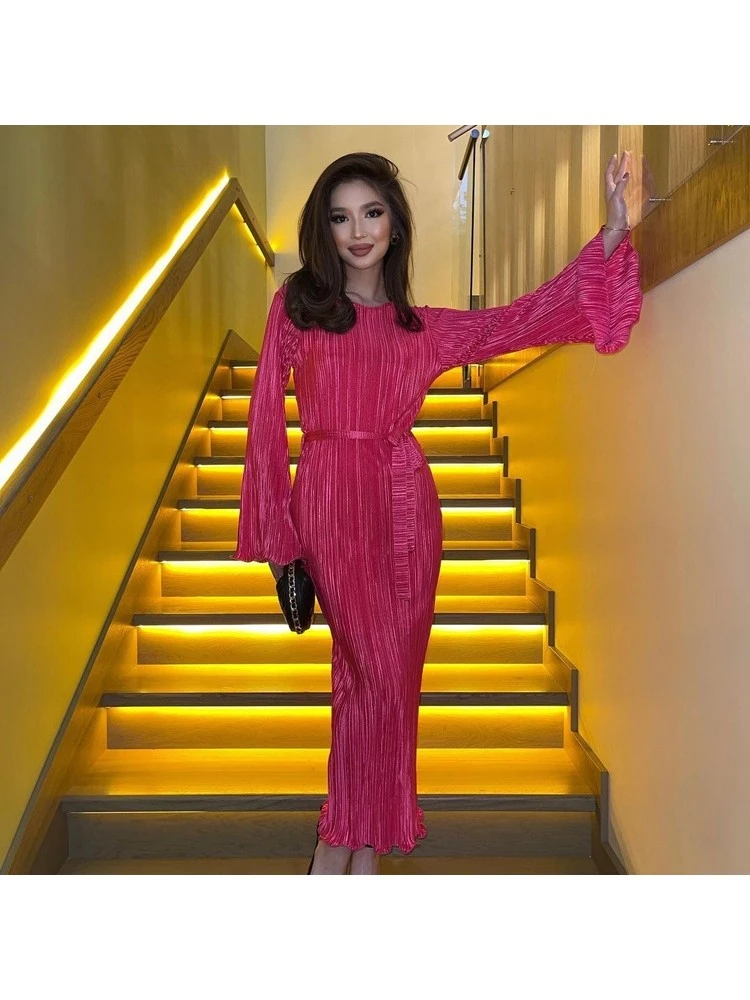 Lace Up Round Neck A-line Long Sleeve Dresses 3 Lace Up Round Neck A-line Long Sleeve Dresses