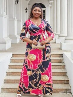 Chain Print Swing Plunging Neckline Maxi Dresses -Define Your Shop P 20231223152901402 354