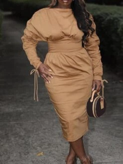 Define Your Shop 18 Ruched Lace Up Long Sleeve Midi Dress