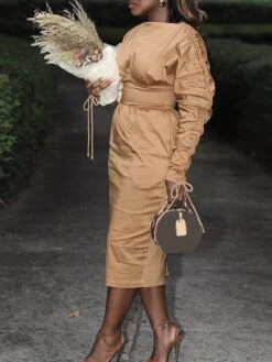 Ruched Lace Up Long Sleeve Midi Dress -Define Your Shop P 20240105211703880 284