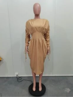 Ruched Lace Up Long Sleeve Midi Dress -Define Your Shop P 20240105211706317 294