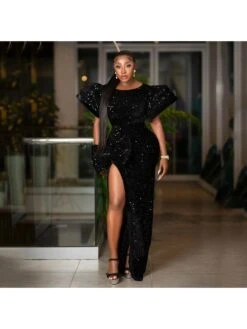 Sequin Puff Sleeve Split Hem Mermaid Dresses