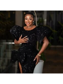 Sequin Puff Sleeve Split Hem Mermaid Dresses -Define Your Shop P 20240109145708868 250