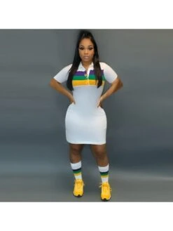 Striped Colorblock Collar Blouses Mini Dress