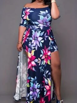 Flower Boat Neck Loose Plus Size Long Sleeve Dresses