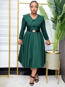 Buckle Doll Collar Long Sleeve Swing Dress