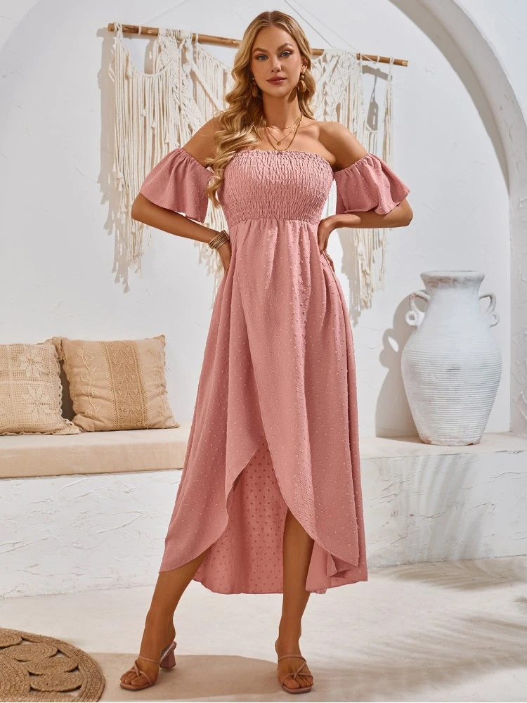 Ruched Boat Neck Off Shoulder Short Sleeve Dress 5 Ruched Boat Neck Off Shoulder Short Sleeve Dress - Image 3