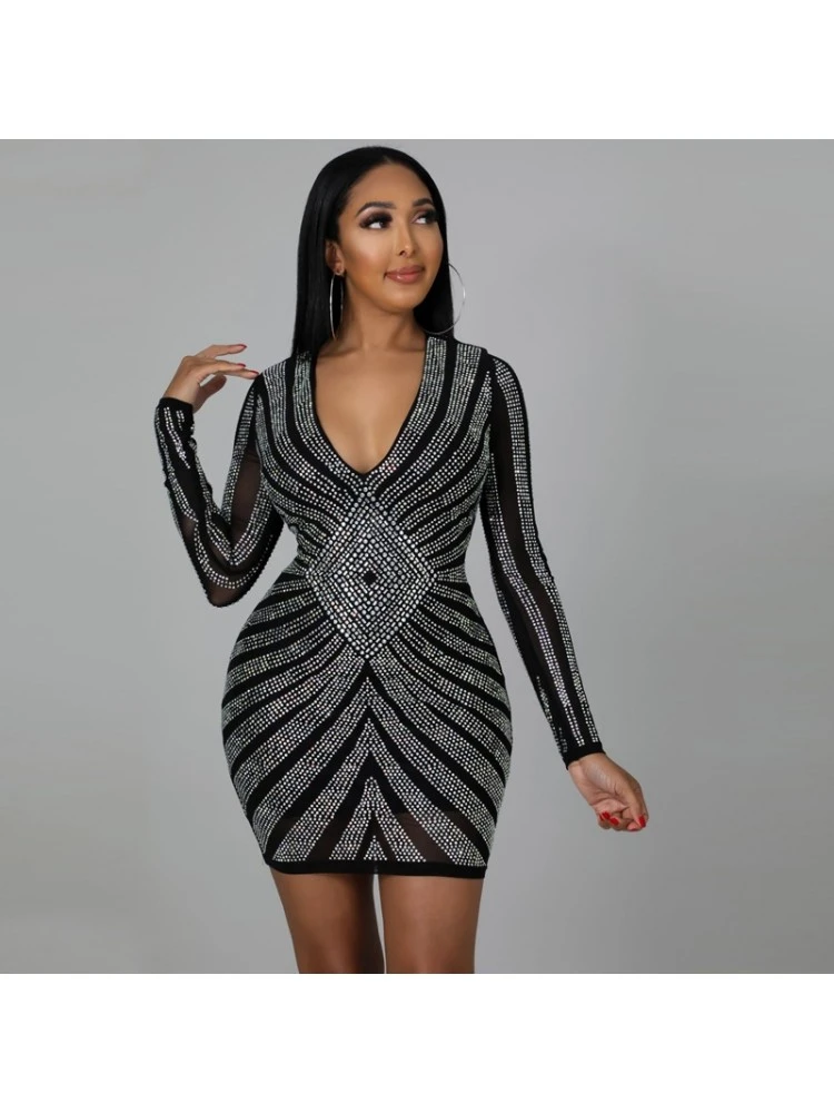 Hotfix Rhinestones Long Sleeves V Neck Dress 3 Hotfix Rhinestones Long Sleeves V Neck Dress