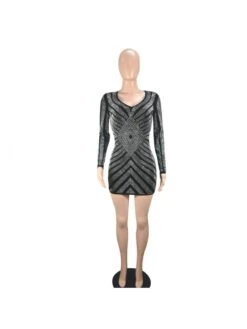 Hotfix Rhinestones Long Sleeves V Neck Dress 11 Hotfix Rhinestones Long Sleeves V Neck Dress -Define Your Shop P 20240130161007720 119