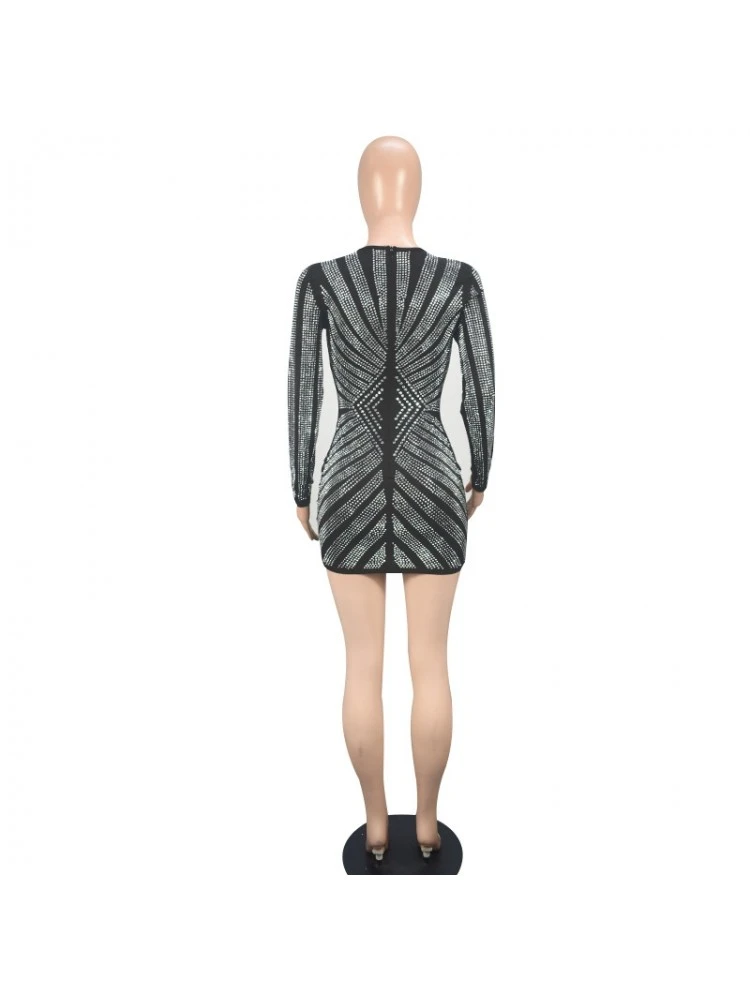 Hotfix Rhinestones Long Sleeves V Neck Dress 8 Hotfix Rhinestones Long Sleeves V Neck Dress - Image 6