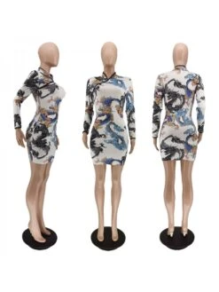 Dragon Printed Fitted Long Sleeve Cheongsam Dress