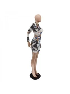 Dragon Printed Fitted Long Sleeve Cheongsam Dress -Define Your Shop P 20240201140003084 343