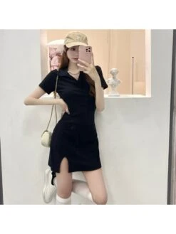 Solid Color Cotton V Neck Short Sleeve Dress -Define Your Shop P 20240226102512049 675