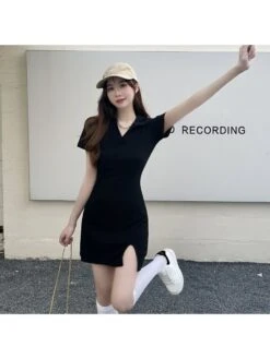 Solid Color Cotton V Neck Short Sleeve Dress -Define Your Shop P 20240226102512647 632