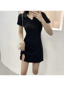 Solid Color Cotton V Neck Short Sleeve Dress -Define Your Shop P 20240226102513219 446