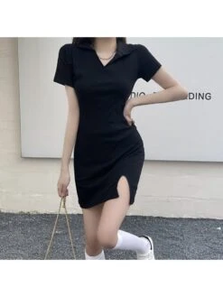 Solid Color Cotton V Neck Short Sleeve Dress -Define Your Shop P 20240226102513888 340