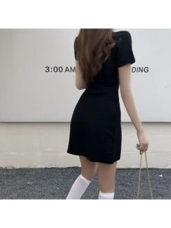 Solid Color Cotton V Neck Short Sleeve Dress -Define Your Shop P 20240226102514529 744