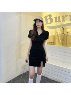 Solid Color Cotton V Neck Short Sleeve Dress -Define Your Shop P 20240226102515224 804