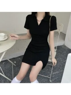 Solid Color Cotton V Neck Short Sleeve Dress -Define Your Shop P 20240226102515983 437