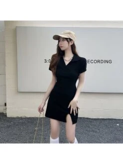 Solid Color Cotton V Neck Short Sleeve Dress -Define Your Shop P 20240226102516741 231