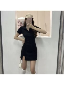 Solid Color Cotton V Neck Short Sleeve Dress -Define Your Shop P 20240226102517431 491