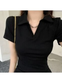 Solid Color Cotton V Neck Short Sleeve Dress -Define Your Shop P 20240226102518106 689