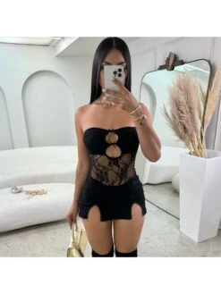 Cutouts Perspective Lace Strapless Dresses