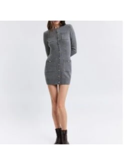 Patchwork Single Breasted Long Sleeves Knitting Dress