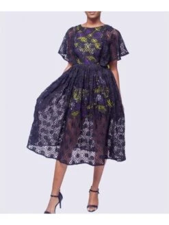 Geometric Pattern Lace Mid-rise Short Sleeve Dress