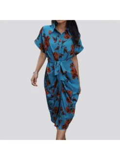 Print High Rise Fitted Short Sleeve Dress
