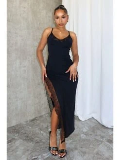 Patchwork Split Hem Lace Spaghetti Straps Dresses