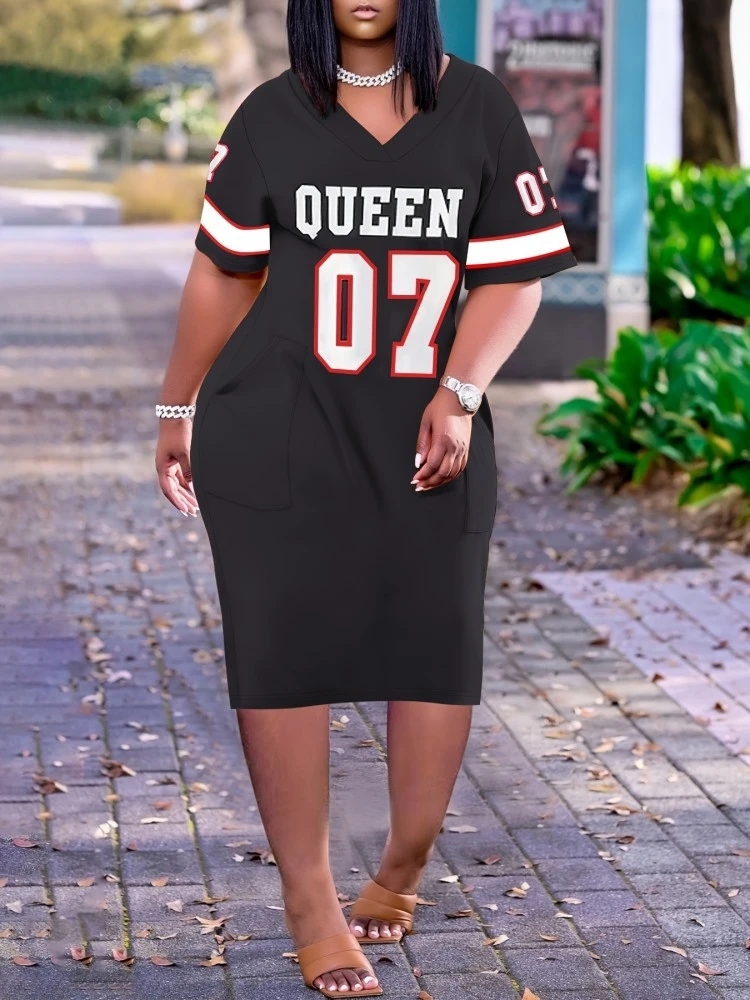 Letter Print V Neck Short Sleeve Dress 5 Letter Print V Neck Short Sleeve Dress - Image 3