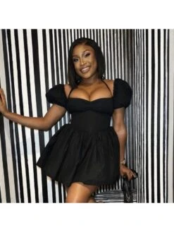 Halter Ruched Puff Sleeve Dress -Define Your Shop P 20240326143504587 562