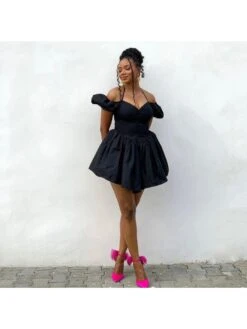 Halter Ruched Puff Sleeve Dress -Define Your Shop P 20240326143506869 258