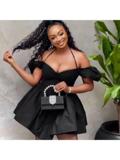 Halter Ruched Puff Sleeve Dress -Define Your Shop P 20240326143508789 994