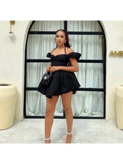 Halter Ruched Puff Sleeve Dress -Define Your Shop P 20240326143511128 632