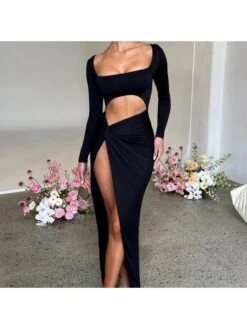 Hollow Out Ruched Split Hem Square Neck Long Sleeves Dress -Define Your Shop P 20240327161002931 376