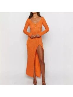 Solid Color High Rise Bodycon Long Sleeves Maxi Dress -Define Your Shop P 20240401134502008 116