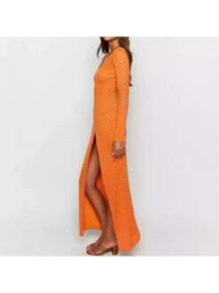 Solid Color High Rise Bodycon Long Sleeves Maxi Dress -Define Your Shop P 20240401134502611 865