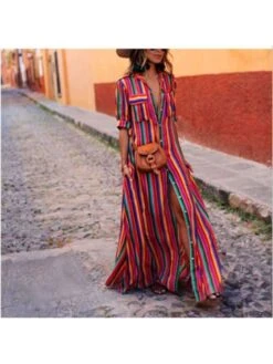 Colorblock Striped Single Breasted Maxi Dresses -Define Your Shop P 20240402104502867 491