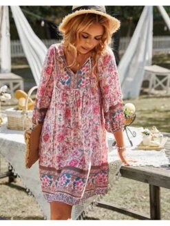 Print Lace Up Lantern Sleeve Dress
