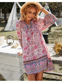 Print Lace Up Lantern Sleeve Dress -Define Your Shop P 20240413122003111 451