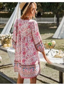 Print Lace Up Lantern Sleeve Dress -Define Your Shop P 20240413122004282 121