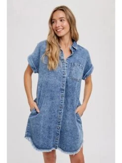 Raged Hem Denim Cardigan Short Sleeve Dress