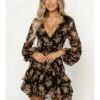 Printed Plunging Neckline Long Sleeve Dress -Define Your Shop P 20240422102024779 743
