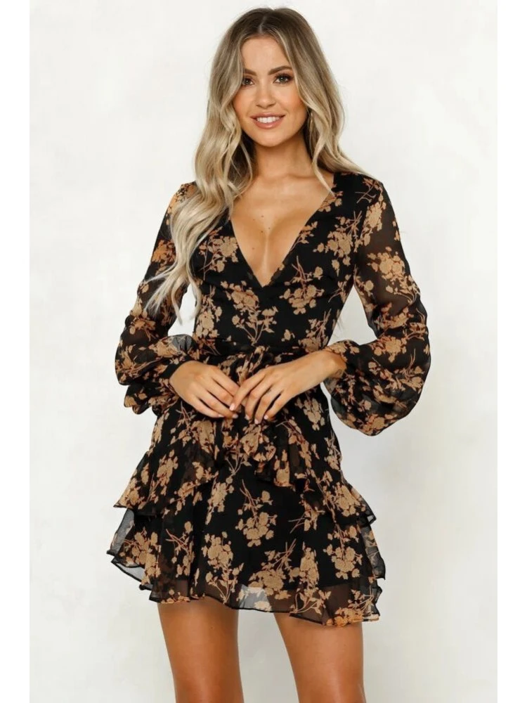 Printed Plunging Neckline Long Sleeve Dress 3 Printed Plunging Neckline Long Sleeve Dress